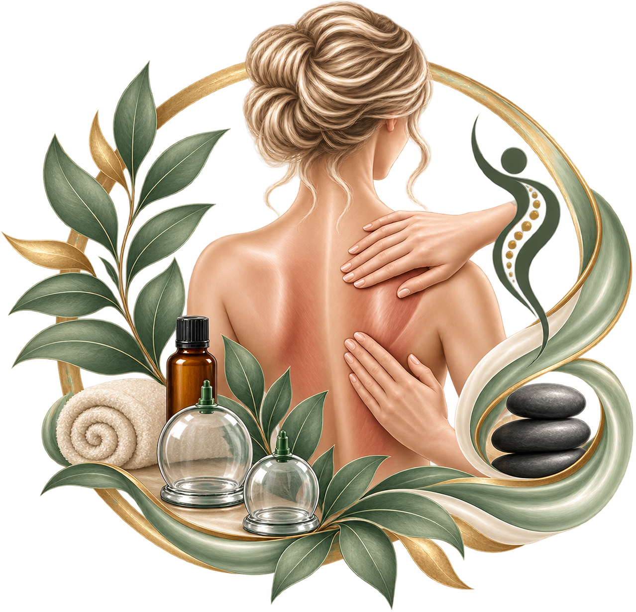 Woman receiving massage to back and flower leaves, oils and cups